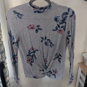 Grey floral mock neck long sleeve shirt